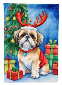 Shih Tzu Christmas Reindeer House Flag Large Porch Sleeve Pole Decorative Outside Yard Banner Artwork Wall Hanging, Polyester, House Size, Multic