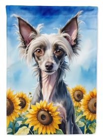 Chinese Crested in Sunflowers House Flag Large Porch Sleeve Pole Decorative Outside Yard Banner Artwork Wall Hanging, Polyester, House Size
